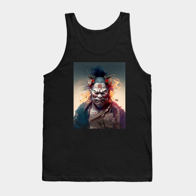 Wrath of a Samurai No. 2: Oni Transformation  -- Perturbed Samurai with the word for "Idiot", "Stupid" in kanji (痴 [chī] ) on his forehead on a Dark Background Tank Top by Puff Sumo